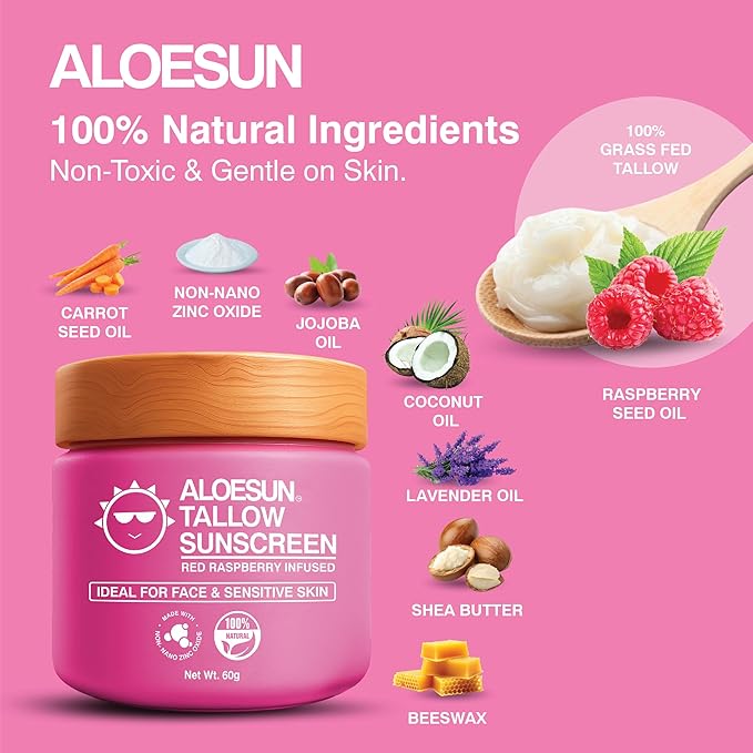 ALOESUN Organic Beef Tallow Sunscreen - Natural Sunblock Lotion for Face and Body with Non Nano Zinc Oxide Mineral Protection - Reef Safe Travel Size Tallow Moisturizer for Adult and Baby - 2.12 Oz