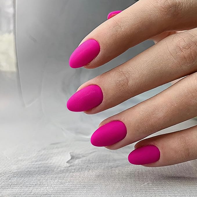 Matte Hot Pink Press on Nails Short Almond Fake Nails Press ons, Thick Solid Color Glue on Nails Short False, Medium Almond Oval Round Shaped for Women, 24Pcs Natural Acrylic Gel Nail