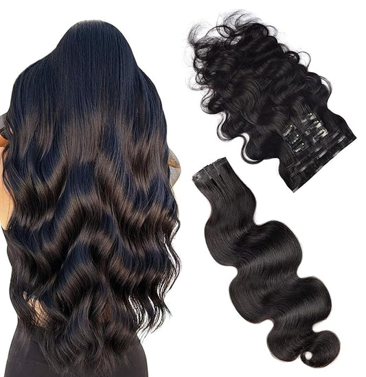 Essent Seamless Body Wave Clip in Hair Extensions Seamless Real Human Hair, 18 Inch 1Pack 130g 7Pcs Human Hair Extensions for Women Natural Black