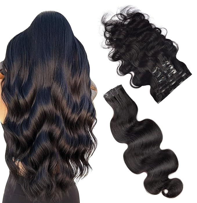 Essent Seamless Body Wave Clip in Hair Extensions Seamless Real Human Hair, 22 Inch 1Pack 130g 7Pcs Human Hair Extensions for Women Natural Black