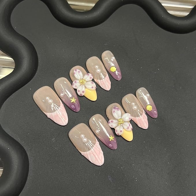 24Pcs French Tip Press on Nails Medium Almond Fake Nails 3D Flower Starfish Shell Pearl Designs Full Cover Glue on Nails Artificial Beach Nails Spring Summer False Nails for Women Girls Acrylic Nails