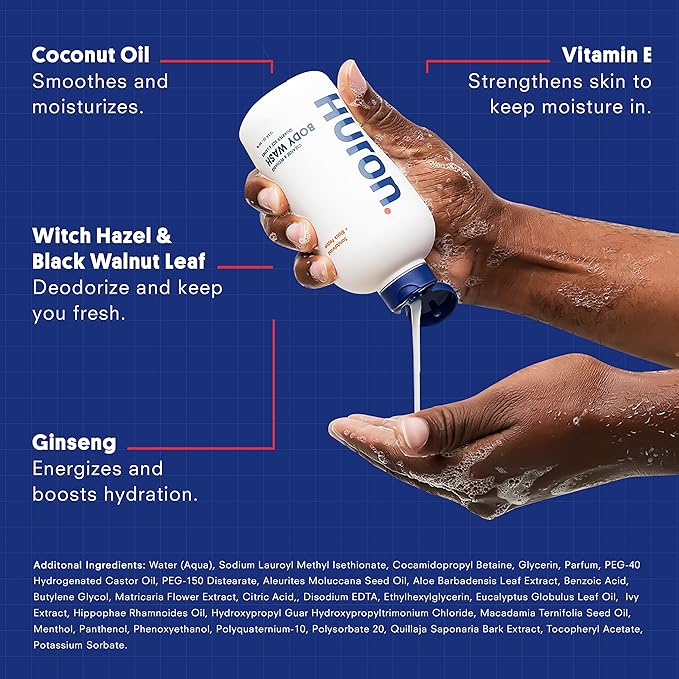 Huron Men’s Moisturizing Body Wash – Crisp & Invigorating Scent of Citrus, Eucalyptus, Mint, & Aromatic Greens - Coconut Oil, Vitamin E & Witch Hazel – Vegan, Cruelty-Free - 12.2 fl oz (2 Pack)