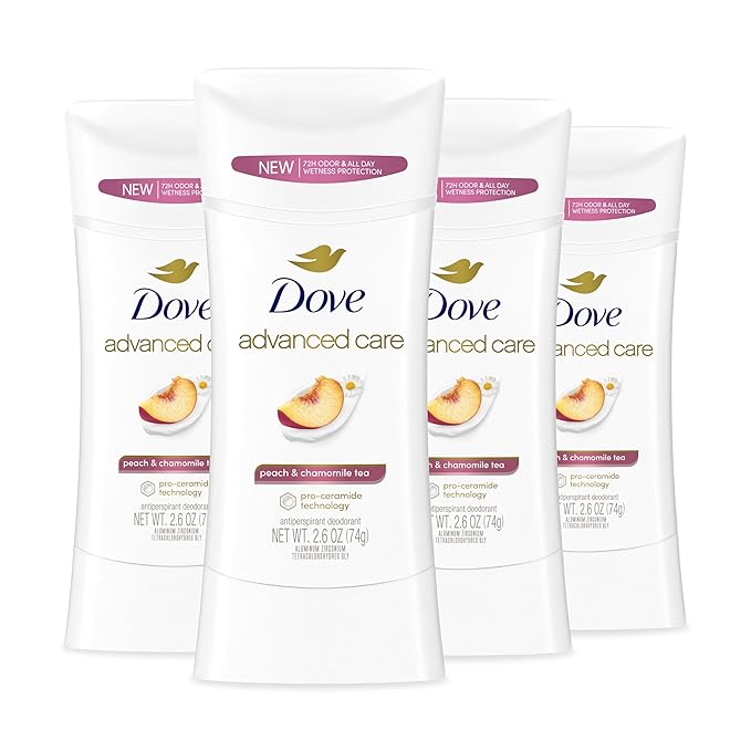 Dove Advanced Care Antiperspirant Deodorant Stick Peach & Chamomile Tea 4 Count for helping your skin barrier repair after shaving 72 hour odor control and all-day sweat protection 2.6 oz