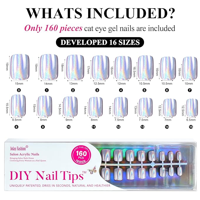 Cat Eye Press on Nails Short, Jofay Fashion Salon-Like Fake Nail with Blue Laser Gray Mystic Aurora Designs, False Nails Glue on Nails Reusable Full Cover Stick on Nails for Women, 160 Pcs
