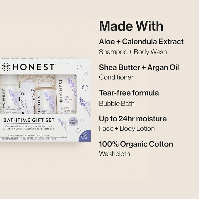 The Honest Company Calming Lavender Bathtime Gift Set | Hypoallergenic Bath Essentials for Sensitive Skin | Shampoo + Body Wash, Face + Body Lotion, Bubble Bath, Conditioner, Wash Cloth