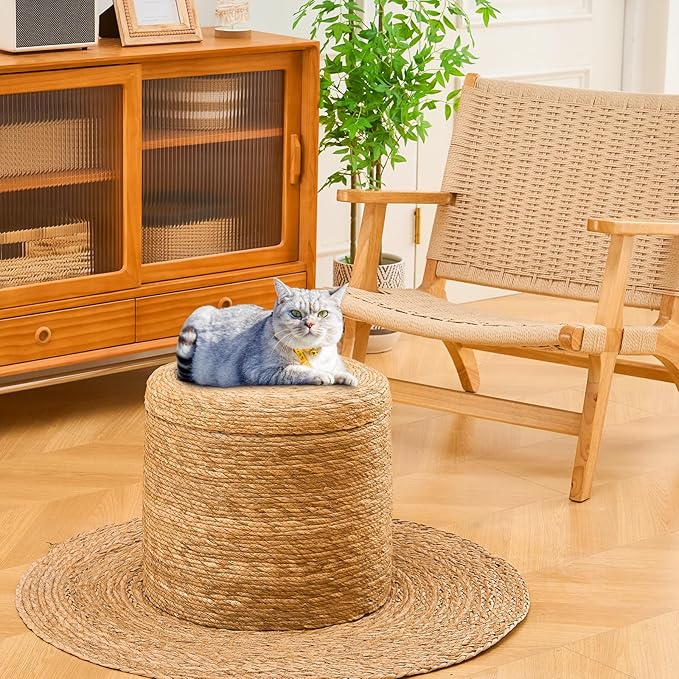 Wimarsbon 18'' Ottoman Pouf, Natural Braided Poof, Rustic Handweave Lounge Pouffe, Boho Footrest Stool for Bedroom, Accent Table for Living Room (Storage - 18inch Natural Cattail L)