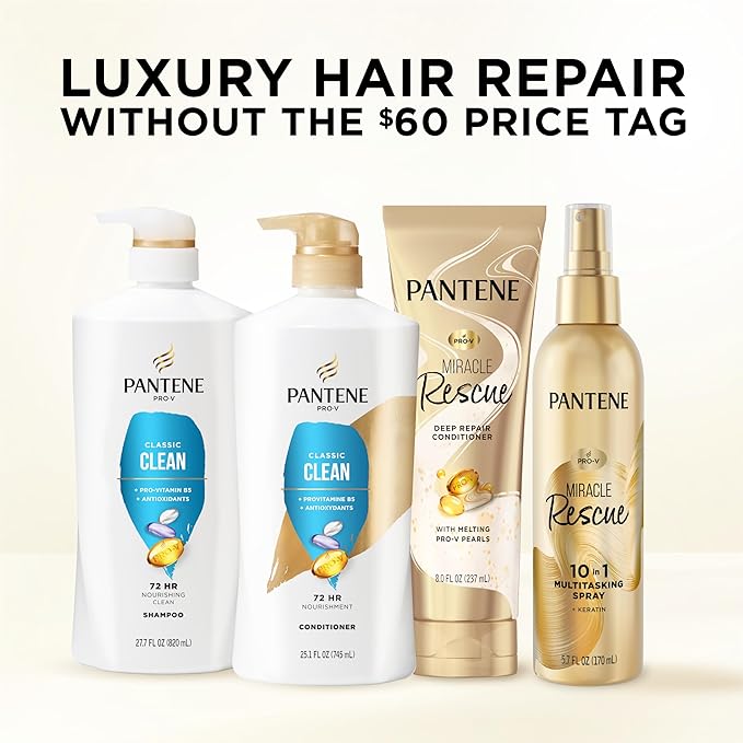 Pantene Shampoo & Conditioner Set, Classic Clean - Pro-V Nutrients for Dry, Color-Treated Hair, Healthy Looking Hair Every Wash, Antioxidant-Rich, 52.8 Oz Total + Miracle Rescue Shot (0.5 Oz)