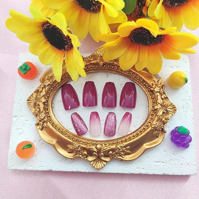 Press on Nails Short Coffin Fake Nails with Glitter Designs Gradient Nails Press ons Glossy Glue on Nails Purple Acrylic Nails Daily Wear Nature False Nails Stick on Nails for Women 24Pcs