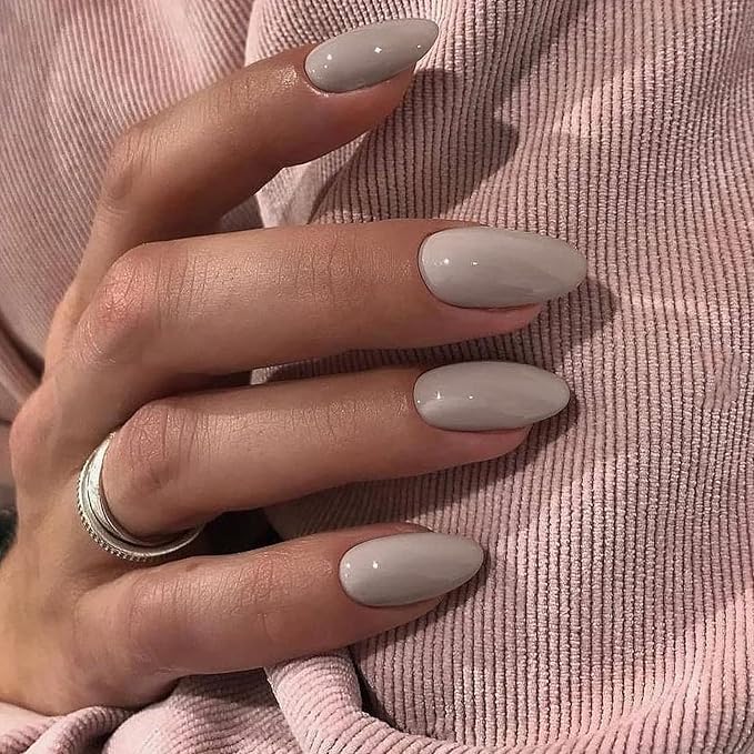 Beige Short Almond Fake Nails Press ons, Thick Solid Color Glue on Nails Short False Nails, Medium Almond Oval Round Shaped Nails for Women, 24Pcs Natural Acrylic Gel Nails