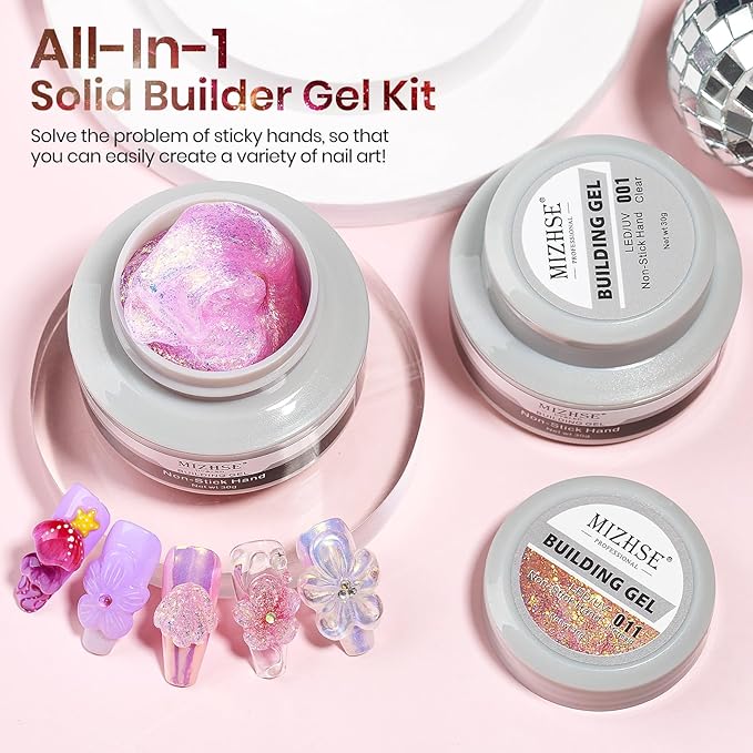 MIZHSE 2PCS Solid Builder Gel for Nails: 30g/1oz Clear & Pink Glitter Hard Gels for Nails 3D Gel with Dual Forms 3D Silicone Mold Soak off U V Builder Gels for Nail Art Manicure Home DIY