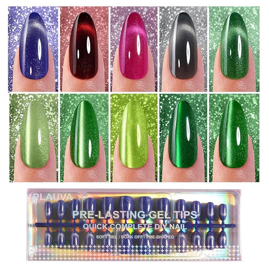 Cat Eye Press on Nails Medium Almond, 240Pcs Soft Gel Fake Nails, Glossy Glitter Cat Eye Nail Tips for Women and Girls Stick On Nails in 12 Sizes