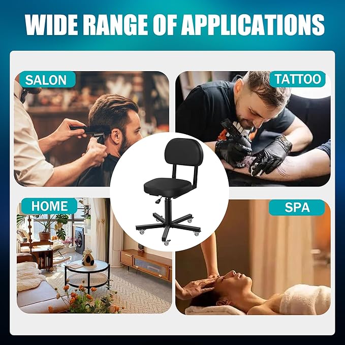 Poarmeey Rolling Stool with Back Support Tattoo Chair for Artist Salon Black Adjuestable Swivel Stool with Backrest for Work Spa Shop Home Massage Use
