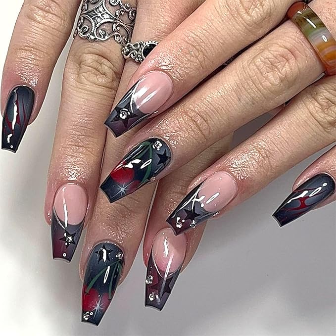 Coffin Press on Nails Medium French Tip With Stars, Rhinestones, Cherry Lines Design - Black Full Cover Acrylic False Nails for Women - 24Pcs