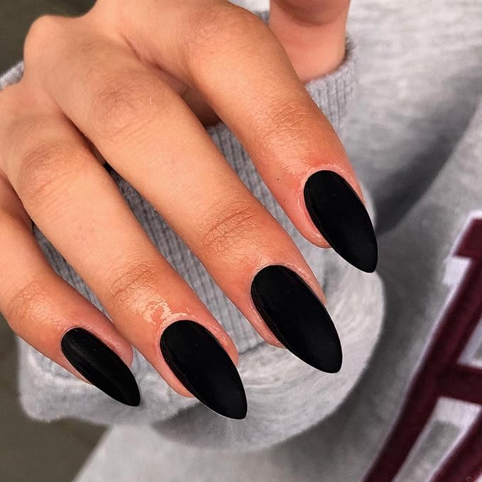 48Pcs Matte Black Press on Nails Almond Fake Nails Glue on Nails Medium Length Almond Shaped Nails Press ons, Stiletto False Nails for Women, Medium Almond Nails, Thick Natural Acrylic Gel Nails