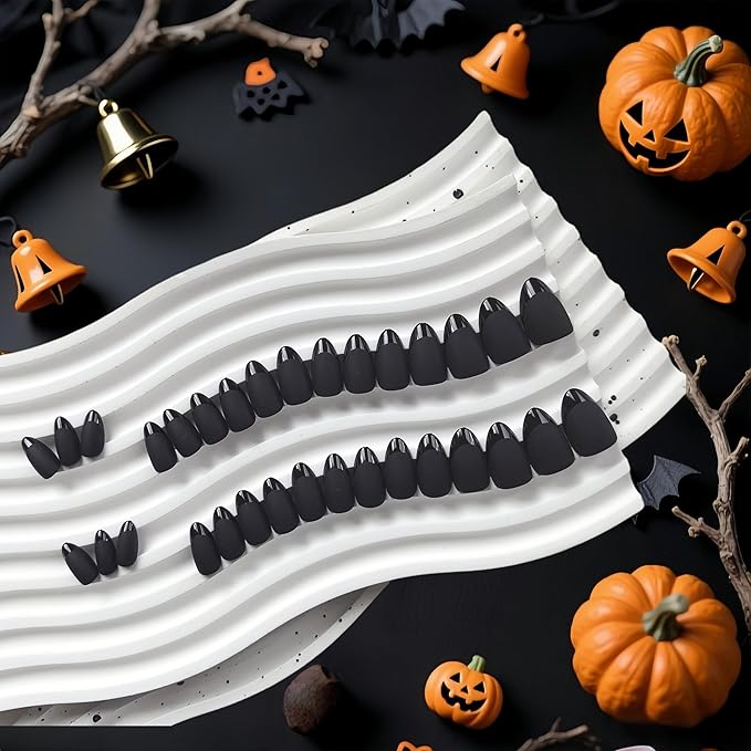 Black French Tip Press on Nails Short Almond Nails Press ons, Short Fake Nails with Matte Finish, Dark French Glue on Nail False Nail for Women Halloween, in 32 Pcs 16 Sizes