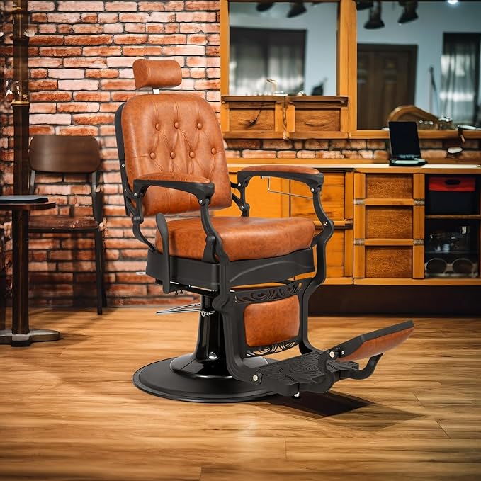 Winado Heavy Duty Vintage Recline Barber Chair Hydraulic with Headrest, Supports up to 700lbs & 360° Rotatable, Professional Salon Beauty Spa Shampoo Equipment (Brown - Square Backrest)