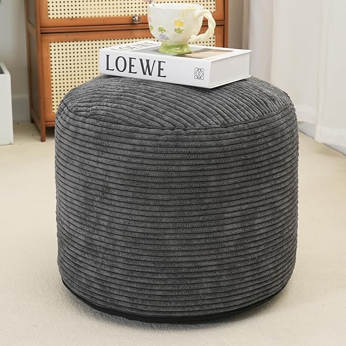 Pouf Ottoman Stuffed Round Modern Foam Filled Foot Rest Corduroy Poufs for Living Room Chair Decorative 20 X 15 Inches Fluffy Pouf Foot Stool Storage Ottoman, Dark Grey