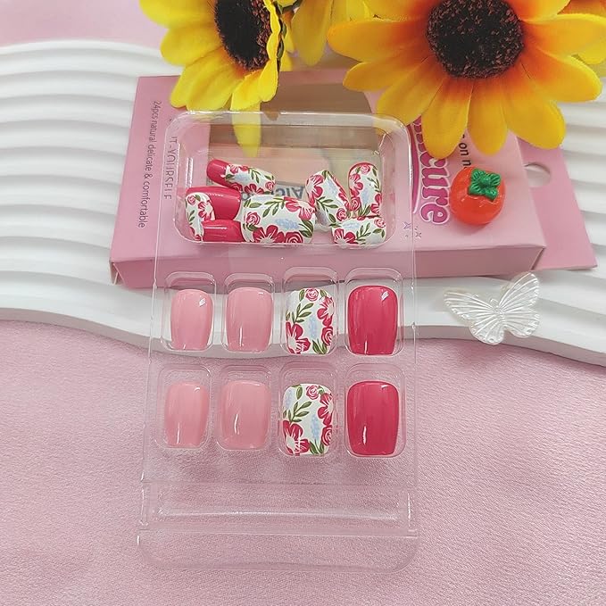 24pcs Pink Red Floral Designs Coffin Press-On False Nails with Glossy Finish, Full Cover Nail, Plastic Material, Quick to Put On, Full Well Tips