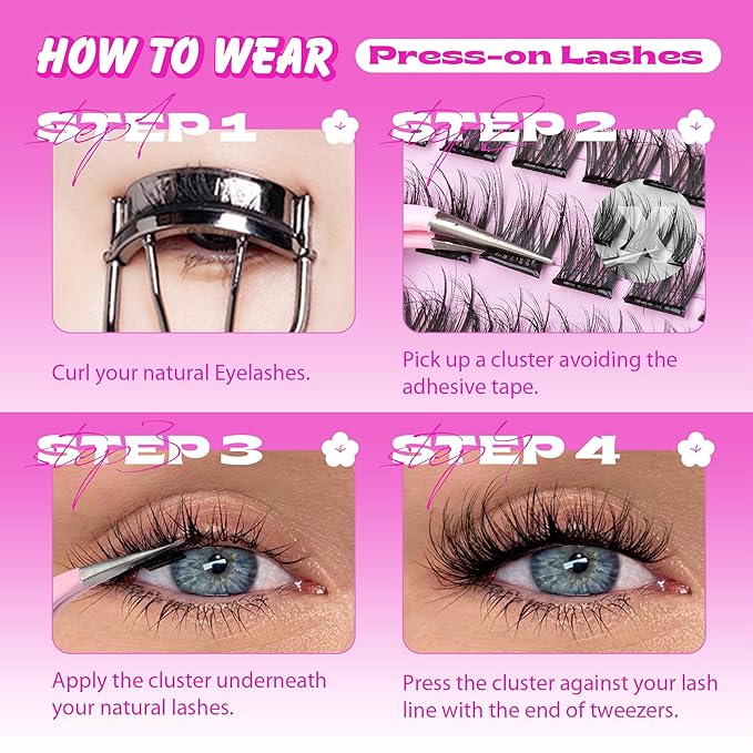Reusable Self Adhesive Eyelashes Wispy Self Adhesive Lash Clusters Fluffy Press on Lashes Extension 10-16mm Glueless Lashes Clusters with Tweezers by ALPHONSE