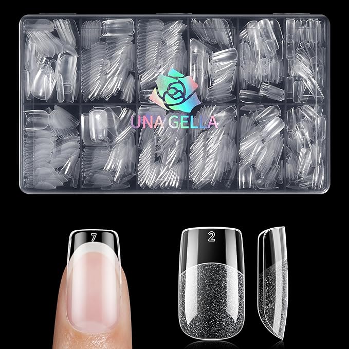 UNA GELLA Short Square Gel Nail Tips 600Pcs, Square Press on Nails Pre Etched Full Cover Soft Gel Nail Tips No C Curve For Women Girl DIY French & Chrome Style Salon At Home 12 Sizes