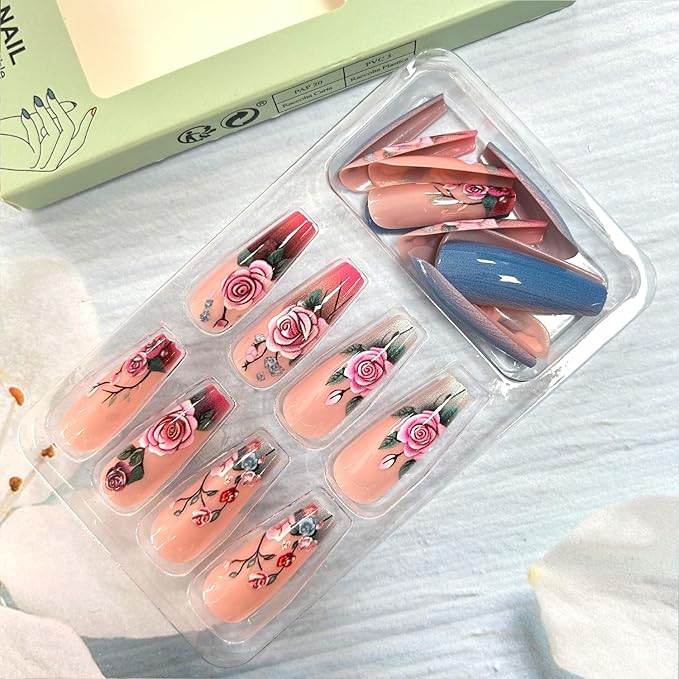 Rose Flower Press on Nails Long Length Blue Pink Gradient Acrylic False Nail Full Cover Glossy Ballet Shaped Artificial Stick on Nail 24Pcs Blossom Artificial Fingernails DIY Glue on Nails for Women