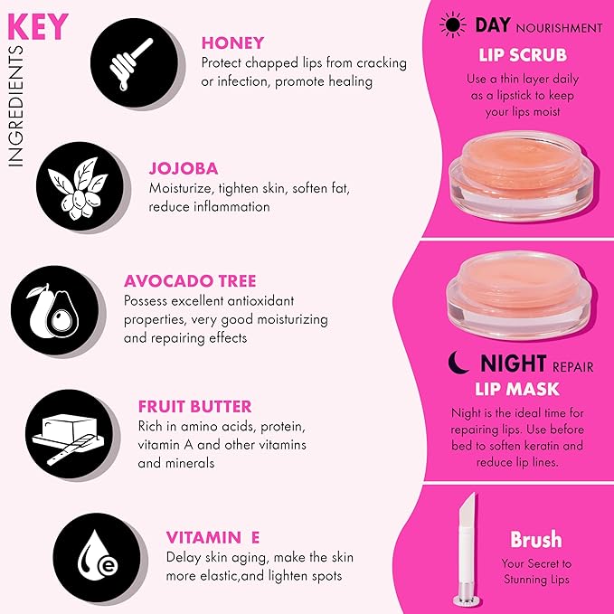 Lip Mask Overnight - Lip Sleeping Mask and Lip Scrub Exfoliator, Scrubber, Moisturizer, Balm and Hydrator for Lip Care, Therapy, Butter, Repair and Treatment for Dry, Cracked Lips