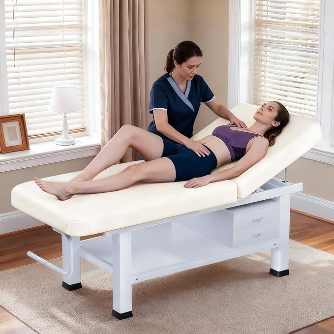 Massage Table with Towel Rack and Storage, 1500lbs Weight Capacity Iron Base Massage Bed Adjustable Backrest for Professional & Home Use, Spa Treatment Table for Relaxation and Therapy, Beige