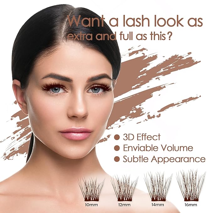 DIY Eyelash Extension, 3D Effect Individual Melt Flare Lash Cluster Natural Lashes Set, Home Eyelash Extension, Lashes Pack (14MM-Amber)