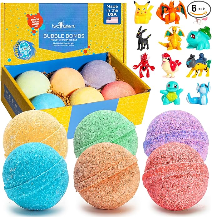Poke Monster Bath Bombs for Kids with Surprise Toys Inside (6 Pack) - Large Bubble Bath Bomb for Boys, Girls, Toddlers - Fruity Scents, Made in USA, Skin-Safe - Birthday Gift by Two Sisters