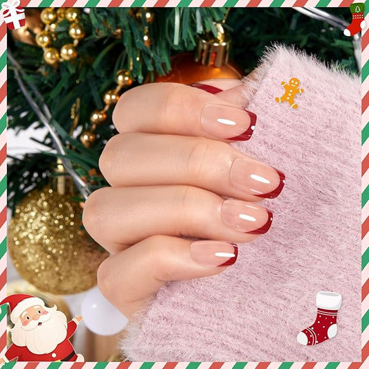 Modelones Press on Nails, Red Chrome French Short Square Fake Nails, Reusable Nail Kit with Nail Glue Adhesive Tabs Mini Nail File, Nails Press Ons 32Pcs16 Sizes