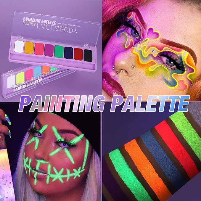 MEICOLY 2 Packs Water Activated Eye Liner Palette,Neon Face Paint Colored Retro Hydra Liner,Water Activated Eyeliner,Matte Graphic Eyeliner,UV Blacklight Glow Black White Face Body Paint,16 Colors