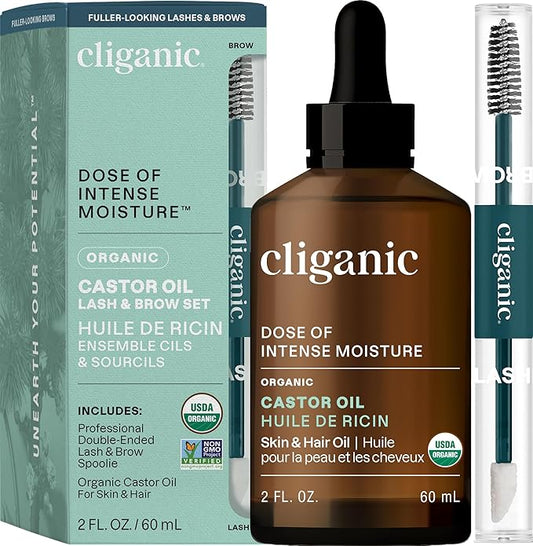 Cliganic Organic Castor Oil, 100% Pure (2oz Glass Bottle with Eyelash Kit) - For Eyelashes, Eyebrows, Hair & Skin (Packaging May Vary)