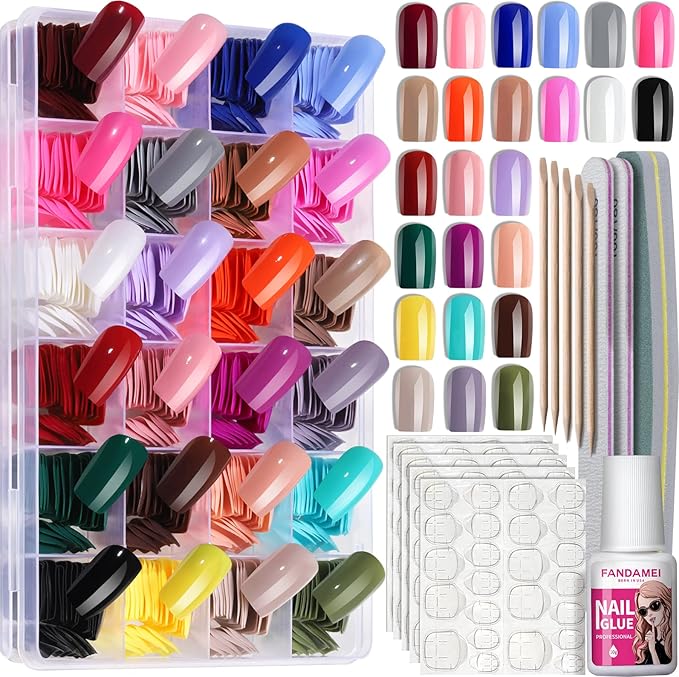 FANDAMEI 24 Colors Press on Nails Square, 24 Packs 576PCS Press on Nails Medium Glossy, Lightweight Natural Fake Nails Full Cover, False Nails with Glue, Short Square Acrylic