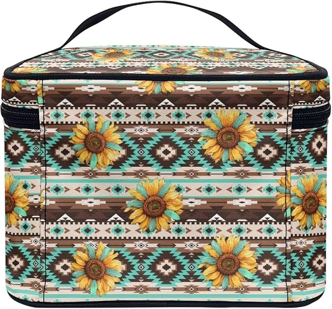 Navajo Aztec Tribal Sunflower Pattern Travel Makeup Bags for Women Portable Tote Cosmetic Case with Carry Handle Toiletry Accessories Storage Organizer Bags
