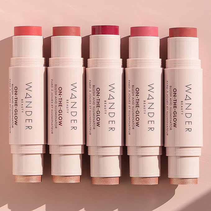 Wander Beauty On-the-Glow Blush and Illuminator - Petal Pink/Nude Glow - 7-in-1 Hydrating Cream Blush & Highlighting Stick - Stick Blush for Cheeks, Lip, & Body - Highlighter Makeup & Blush - 0.4 oz