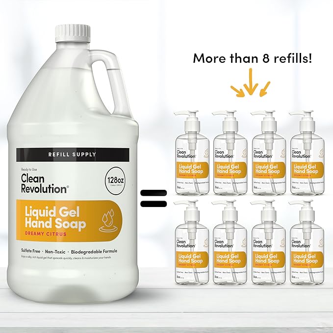 Clean Revolution Liquid Gel Hand Soap, Silky Rich Liquid, Quick Lather, Fast Rinsing, Contains Real Essential Oils (Dreamy Citrus) 128 Fl Oz