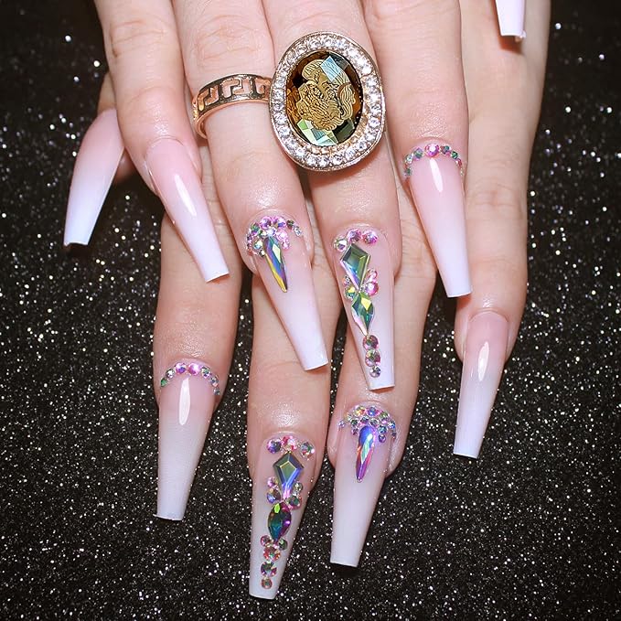 Yivaiks Ballerina Press-on Nails, 24pcs Glossy Acrylic Fake Nails with Glue, Extra Pink Long Coffin 3D Rhinestones Design for Women