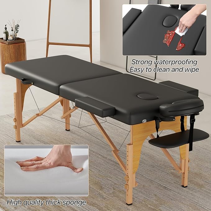 Massage Table Massage Bed, 27'' Wide Portable 2 Section Foldable Tattoo Bed, Height Adjustable Lash Spa Bed with Face Cradle, Home Light Weight Facial Salon Bed with Wood Frame, Black
