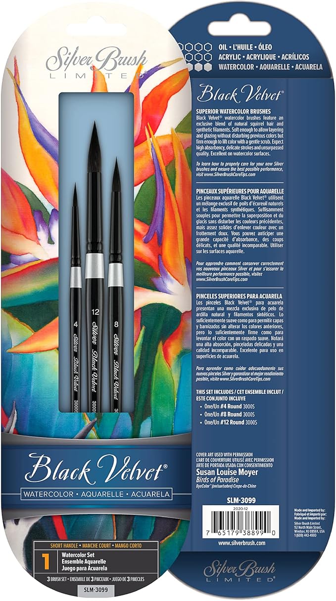 Silver Brush Limited SLM-3099 Susan Louise Moyer Basic Set, Paintbrushes for Watercolor, Gouache, Inks, & Dyes, Set of 3, Sizes 4, 8, and 12 Round Brushes, Short Handle