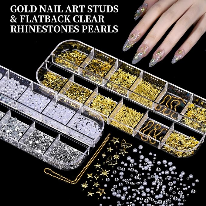 FANDAMEI Nail Charms, 8-Box Nail Charms and Gems, Fruit Bow Hawaii Flowers Petals 3D Nail Art Charms Bulk, Charms Y2K for Nails, Colorful Bubble Beads Nail Rhinestones, Gold Studs Nail Pearls for DIY