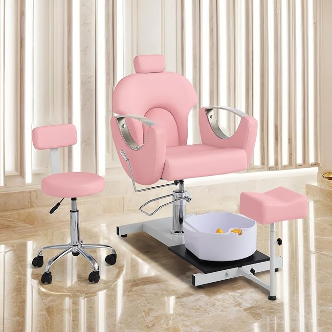 Pedicure Station No Plumbing, Hydraulic Pedicure Chair for Nail Tech, Height Adjustable Reclining Pedicure Station Unit, 360 Degree Swivel Foot Spa Chair with Massage Foot Bath (Rose Color)