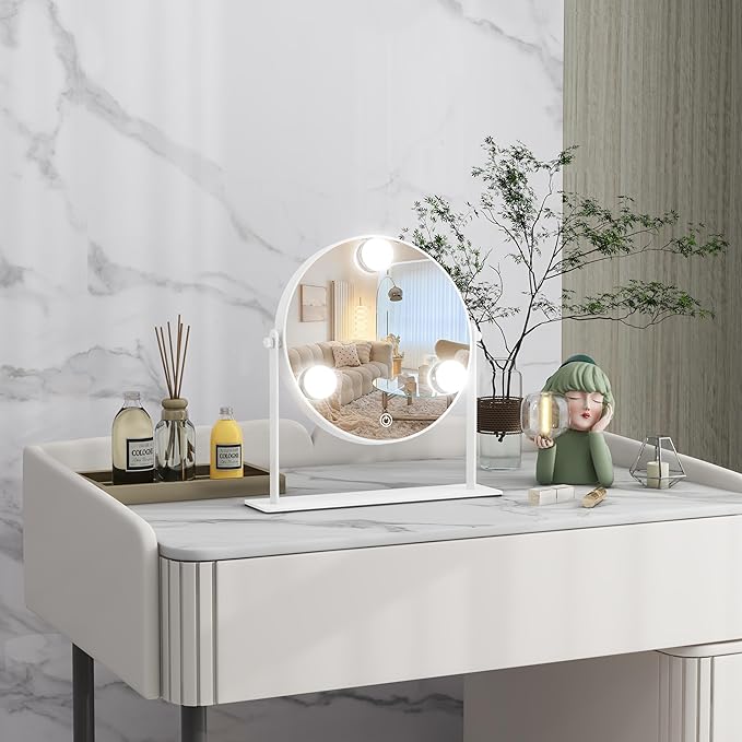 10"x10" Lighted Makeup Mirror, Hollywood Vanity Mirror with 3 Dimmable LED Bulbs, Dimmable Touch Screen, Light up Mirror, Portable Travel Mirror, 360° Rotation, White