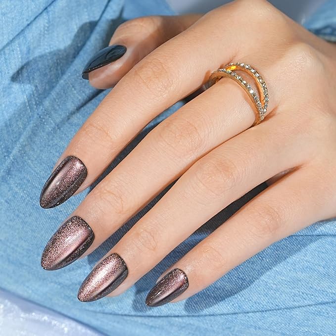 Cat Eye Press on Nails Short, Jofay Fashion Soft Gel Fake Nails, Purple-Green Color-changing Shimmer Cat Eyes Nails, Reusable & Glossy Acrylic False Glue on Nails Kit for Women