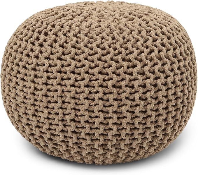 REDEARTH Round Pouf Ottoman - Hand Knitted Cable Boho Poof Home Décor Pouffe Circular Footrest for Living Room - Bedroom - Lounge - 100% Cotton (19.5"x19.5"x14") - Beige