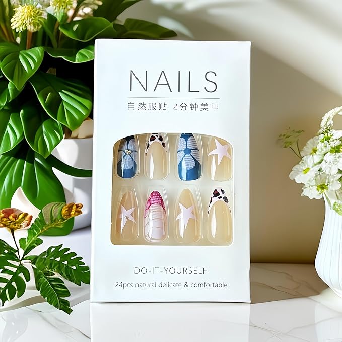 24Pcs French Press on Nails Almond Medium Fake Nails with Star Designs Brown Leopard Stick on Nails Flower Acrylic Nails Turtle Pattern Pattern Nails Glossy Glue on Nails Stick on Nail for Women