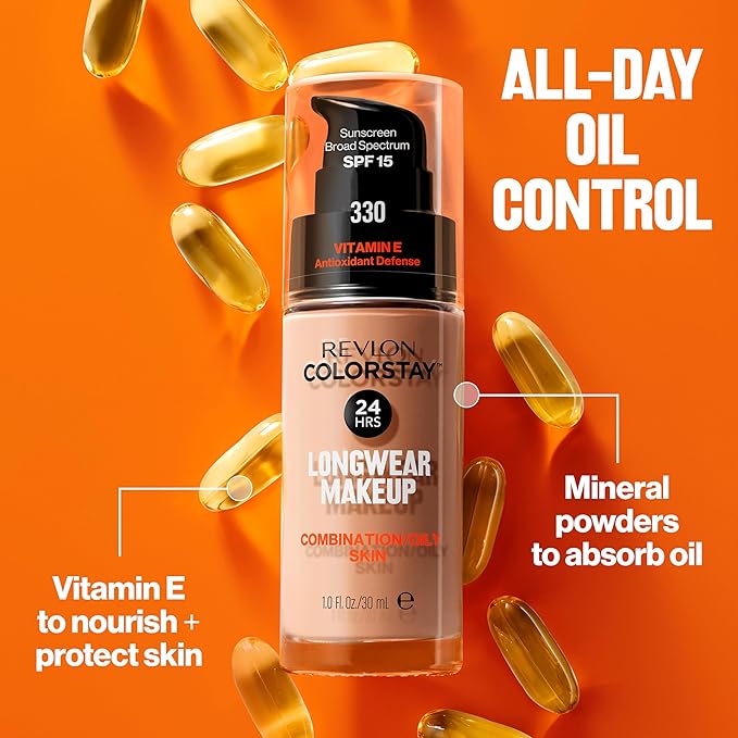 Revlon Liquid Foundation, ColorStay Face Makeup for Combination & Oily Skin, SPF 15, Medium-Full Coverage with Matte Finish, 340 Early Tan, 1 Fl Oz