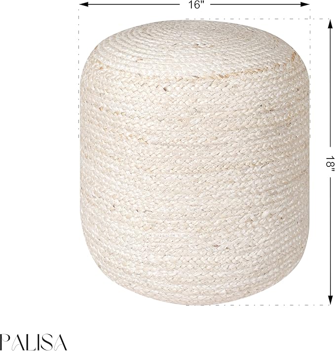 Palisa Jute Pouf Ottoman - Ivory, Boho Foot Rest Stool with Filler for Sofa, Kids Bedroom, Living Room, Outdoor Seat | Hand Woven Comfy Décor Chair Pouffs - 16x16x18 Inches