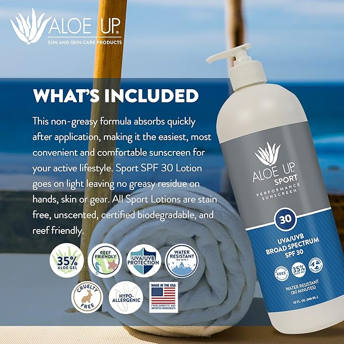 Aloe Up Sport Sunscreen Lotion SPF 30 - Broad Spectrum UVA/UVB Sunscreen Protector for Face and Body With Hydrating Aloe Vera Gel Non-Greasy No White Cast Reef Safe Fragrance-Free - 32 Oz.