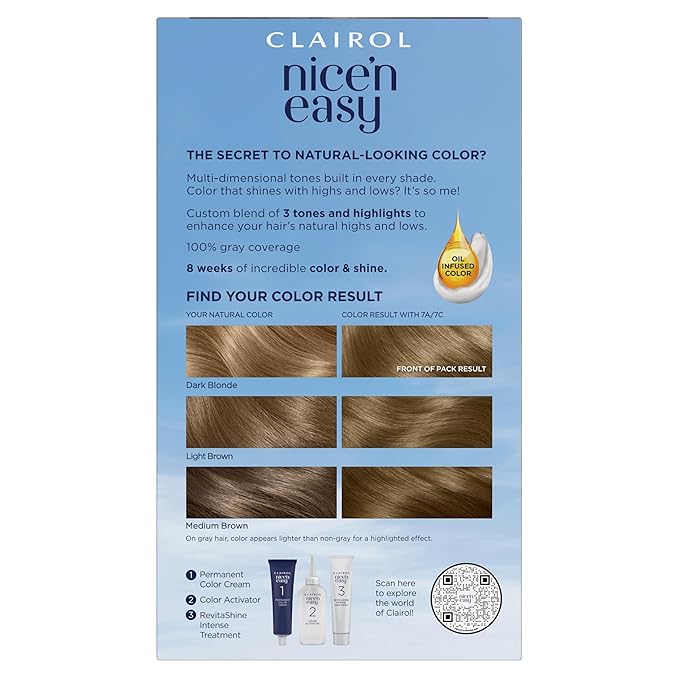 Clairol Nice'n Easy Permanent Hair Dye, 7C Dark Cool Blonde Hair Color, Pack of 3 (Packaging May Vary)