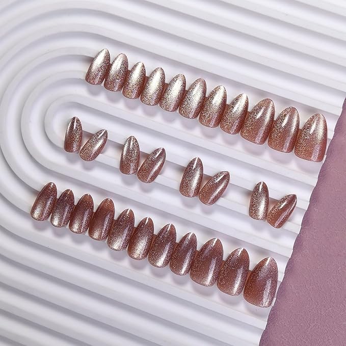 KQueenest Cat Eye Press On Nails Short, Fall Press On Nails Almond, Sparkle Light Brown Fake Nails With Glue, Recycled Soft Gel Glue On Nails for Woman, Long-Lasting Glitter Effect, 30 Pcs
